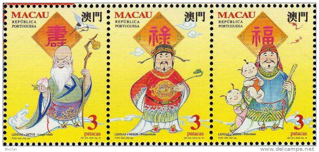 Chinesische Götter 1994 MACAU Macao 756/8+ Block 26 ** 28€ Legenden Und Mythen I Glück, Wohlstand, Langes Leben - Lots & Serien