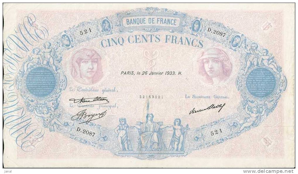 - FRANCE - BILLETS - 500 F - BLEU ET ROSE - 26 JANVIER 1933 - N° 521 - D . 2087 - - 500 F 1888-1940 ''Bleu Et Rose''