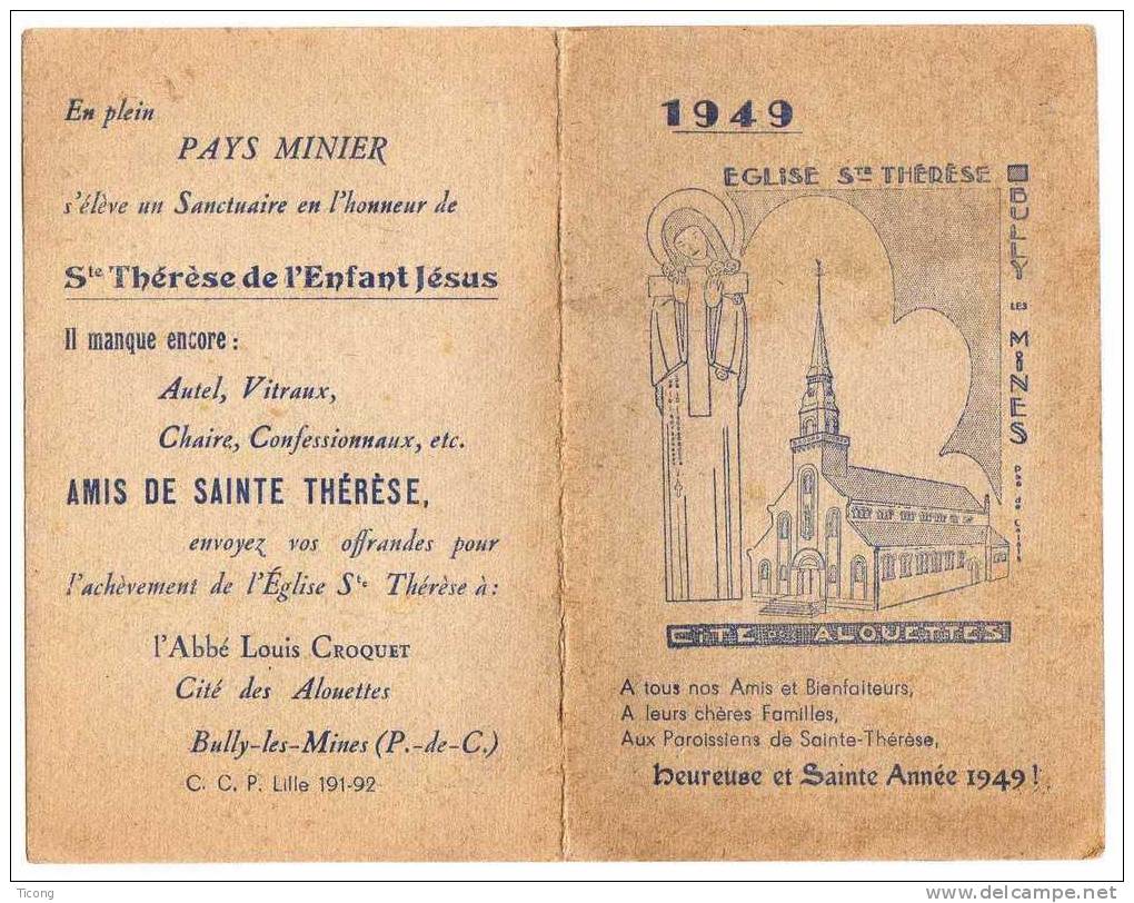 CITE DES ALOUETTES EGLISE SAINTE THERESE DE BULLY LES MINES 62 PAS DE CALAIS - CALENDRIER DE 1949 - Petit Format : 1941-60