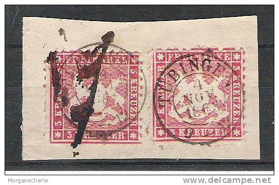 WURTEMBERG, 1863, MI 26 DOPPELT AUF FRAGMENT MIT TINTESPRITZER @ TUBINGEN - Used