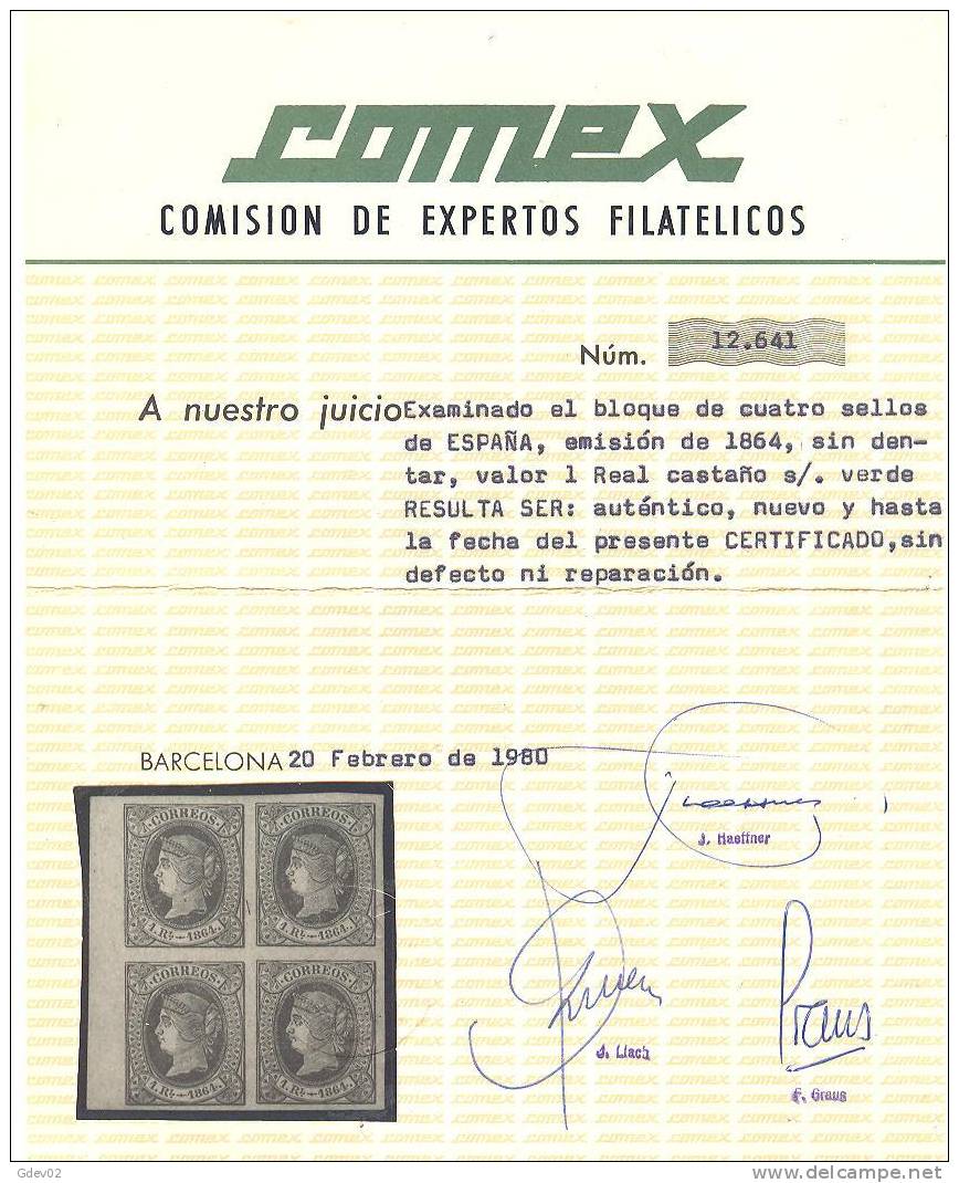 ES67-L1628.España.Spain .Espagne.ISABEL II 1864  (Ed 67** BL4)sin Charnela MAGNIFICOS CERTIFICADO COMEX - Nuevos