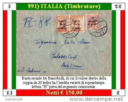 Terzo 00991 - Busta Raccomandata - Inedita Varietà Di Soprastampa: Lettera "H" Priva Del Segmento Orizzontale - - Venezia Giuliana