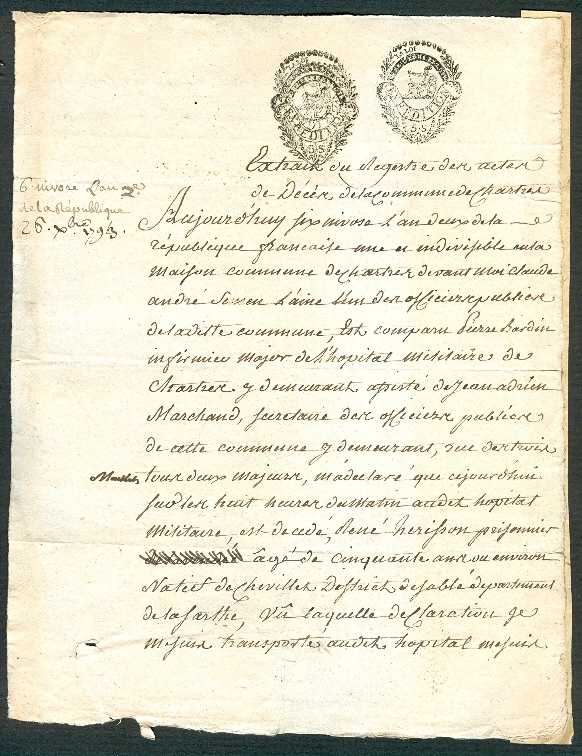 1793 (Chartres) : Extrait Registre Des Décès (6 Nivose, An 2), René Hérisson, Prisonnier à L´ Hopital Militaire... - Manuscrits