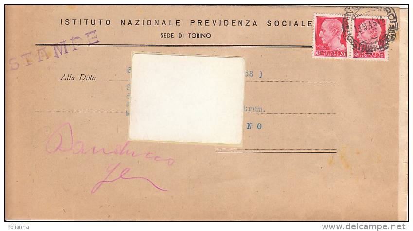 A0583 - 2 X 20 Cent. Imp.s.f Su Documento Tariffa Stampe? VG TORINO 13-09-1945 - Storia Postale