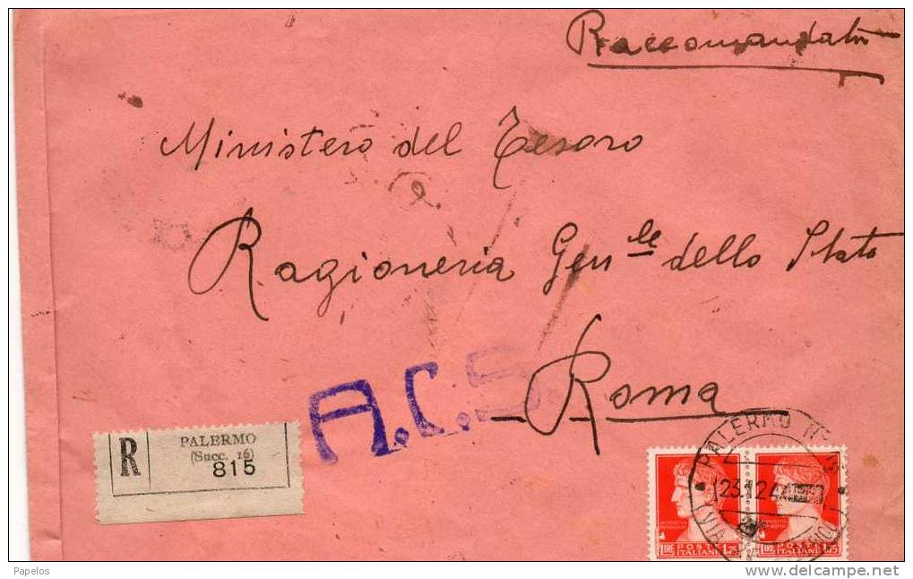 1944 Lettera Raccomandata Da Palermo A Roma - Marcophilia