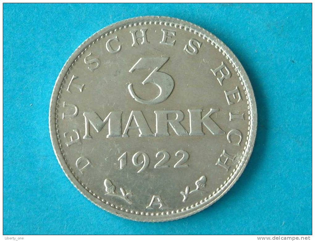 1922 A - 3 MARK / KM 29 (?) (  For Grade, Please See Photo ) !! - 3 Mark & 3 Reichsmark