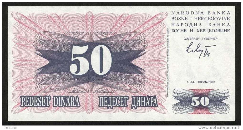 Billet De Banque Neuf - 50 Dinara - 01/07/1992 - N° AD 51872330 - Narodna Banka Bosne I Hercegovine - Bosnie-Herzegovine