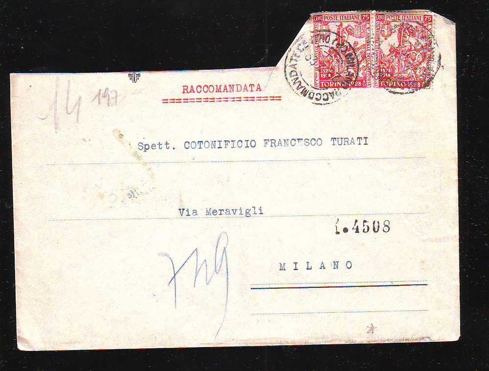 D197 Storia Postale Italia Regno Raccomandata Emanuele Filiberto 1929 X 2 - Insured