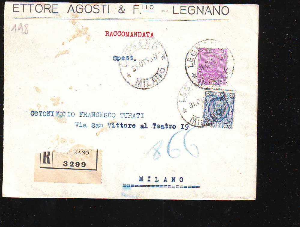D198 Storia Postale Italia Regno Raccomandata Floreale Legnano-milano - Assurés