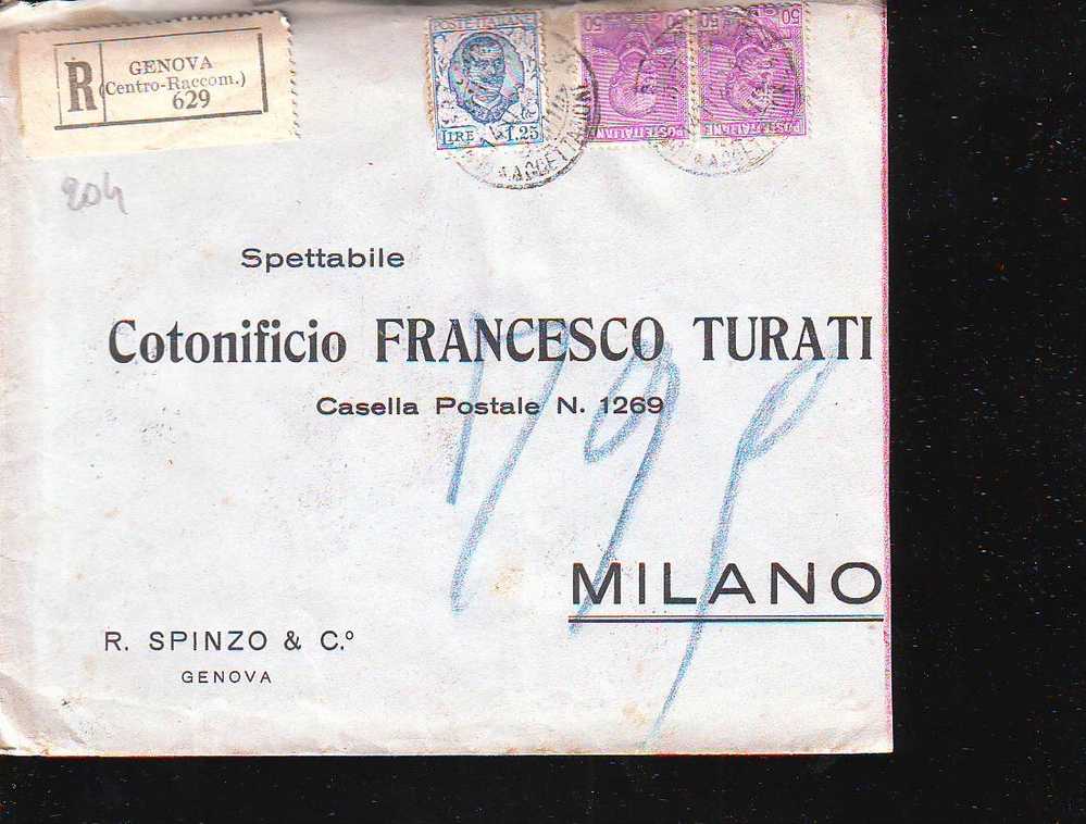 D204 Storia Postale Italia Regno Floreale Raccomandata Genova-milano 1928 - Asegurados
