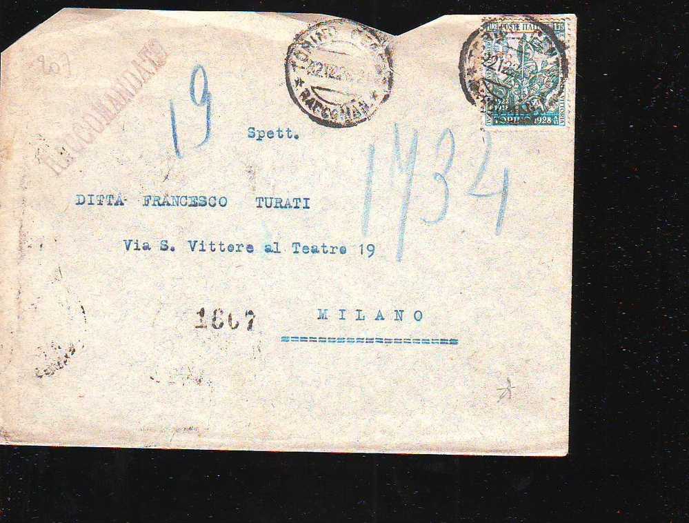 D207 Storia Postale Regno Raccomandata Torino-milano Registered Emanuele Filiberto 1928 - Versichert