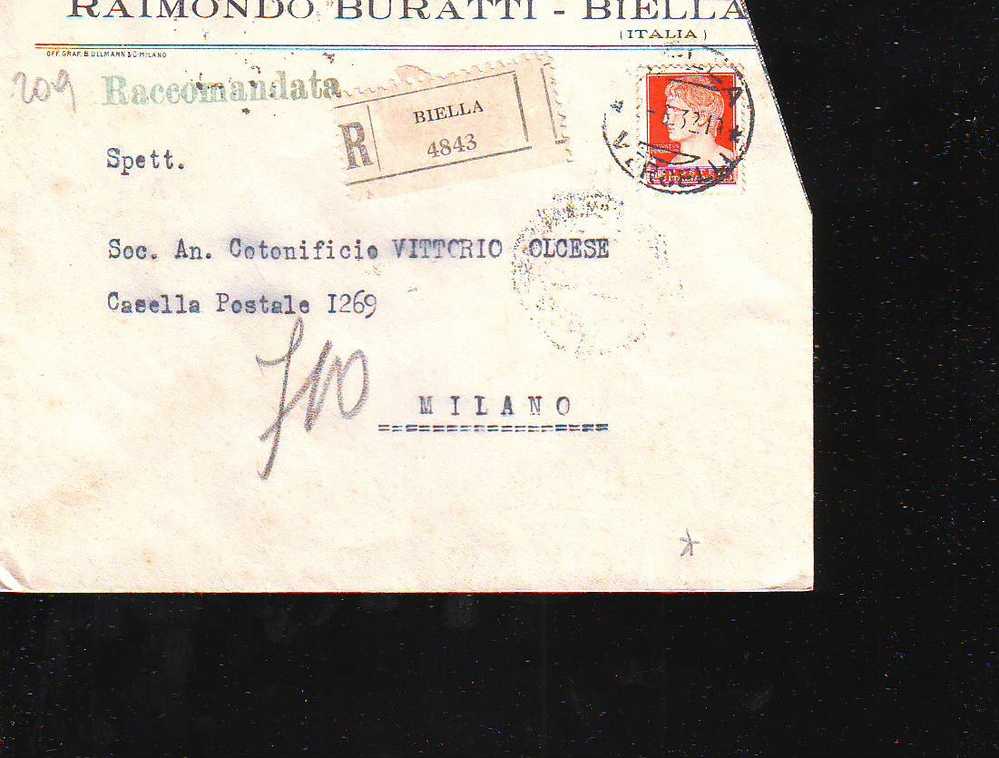 D209 Storia Postale Regno Raccomandata Legnano-milano Registered Imperiale 1932 - Assicurati