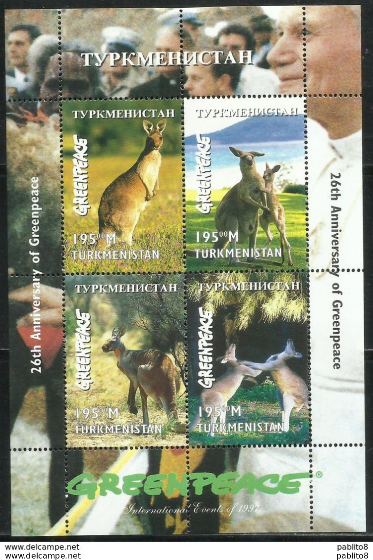 TURKMENISTAN 1999 FAUNA Animals ANIMALI KANGAROOS CANGURI GREEN PEACE ANNIVERSARY BLOCK SHEET BLOCCO FOGLIETTO BLOC MNH - Turkmenistán