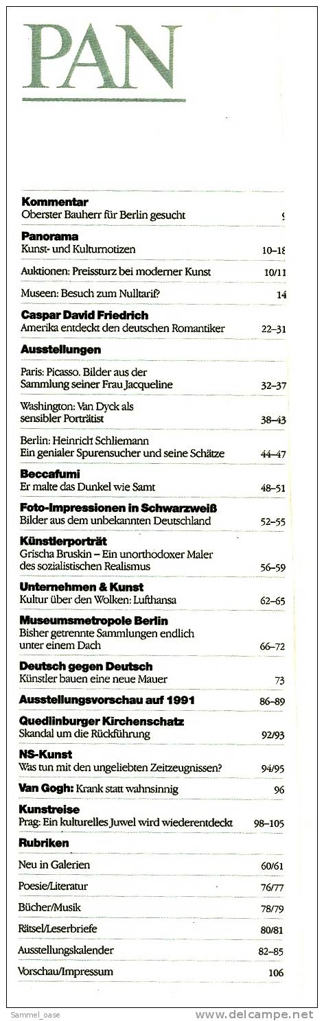 PAN Zeitschrift  -  Kunst Kultur 1991  -  Caspar David Friedrich  -  Picasso  -  Beccafumi - Sonstige & Ohne Zuordnung