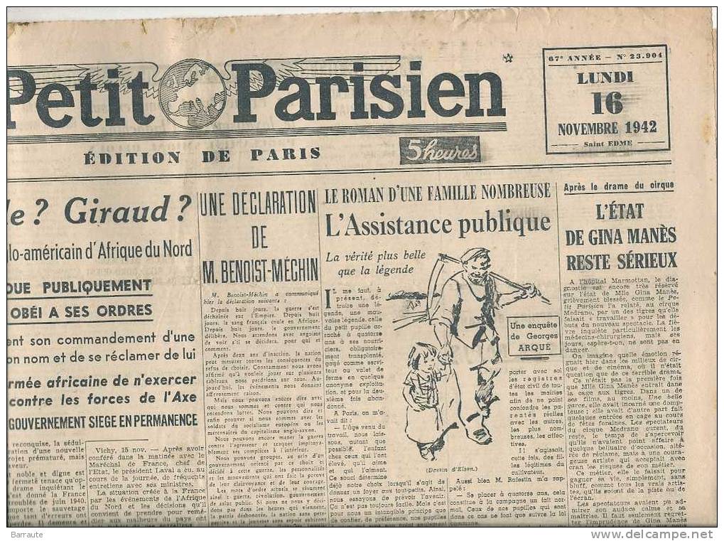 Le Petit Parisien Du 16/11/1942 " DARLAN ?  DE GAULE ?  GIRAUD ? " Le Maréchal Pétain Désavoue Publiquement DARLAN. - Le Petit Parisien