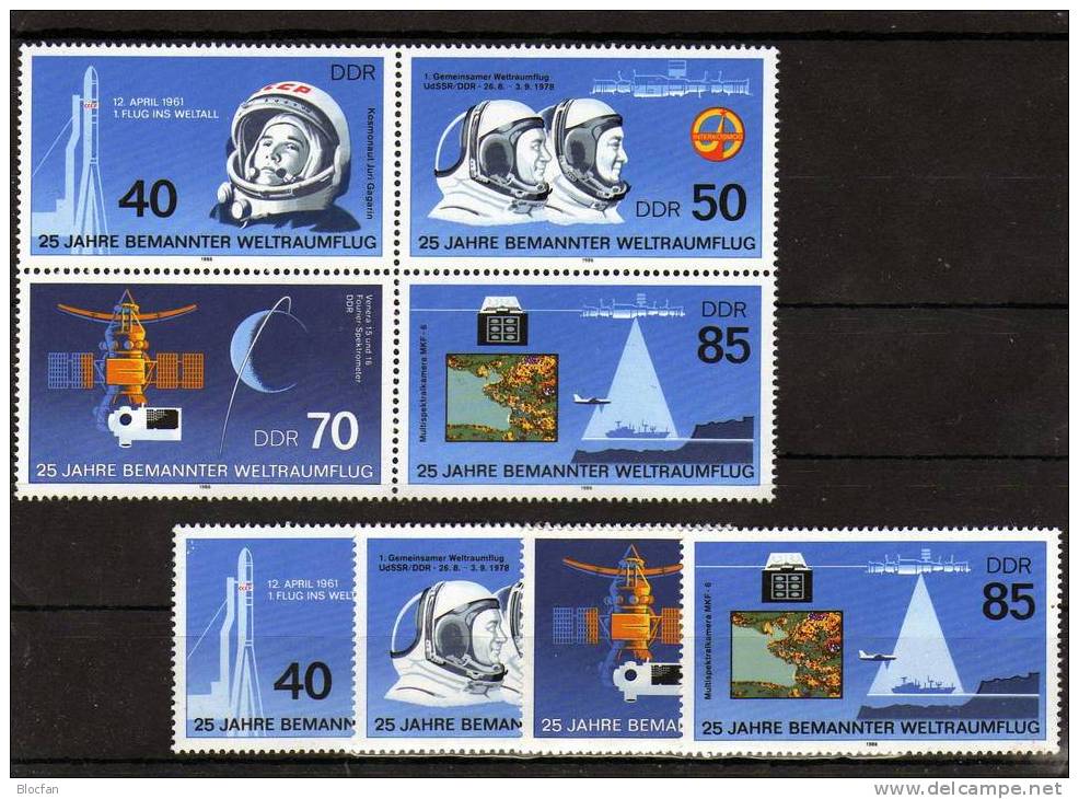 25 Jahre Weltraumflug Von Gagarin DDR 3005/8 + 4 - Block ** 6€ Bemannter Raumflug Mit Sigmund Jähn - Europe