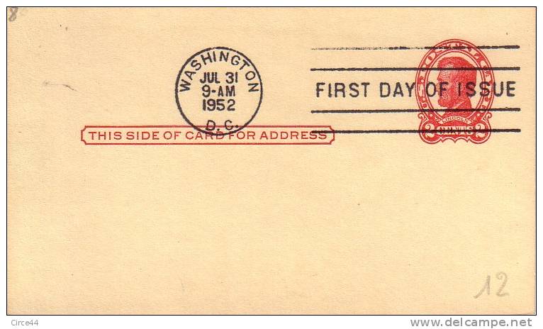 ENTIER POSTAL.FDC.CACHET WASHINGTON.1952. - Altri & Non Classificati