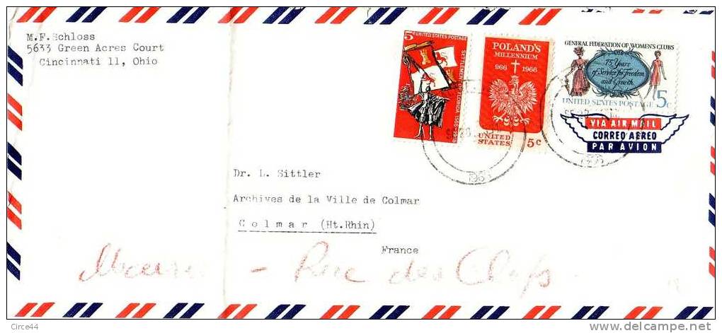 ETATS UNIS.VIA AIR MAIL.BANDEAU BLEU BLANC ROUGE..1966.CACHET COLMAR AU DOS. - Poststempel