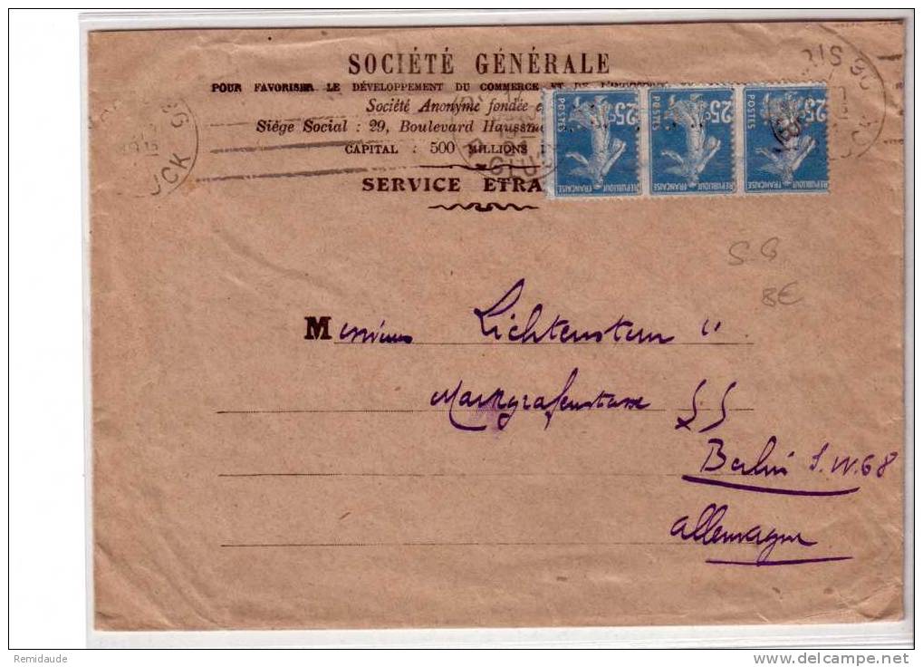 PERFORE - SOCIETE GENERALE - SERVICE ETRANGER PARIS - SEMEUSE Sur Lettre Pour BERLIN (ALLEMAGNE)  - 1921 - Autres & Non Classés