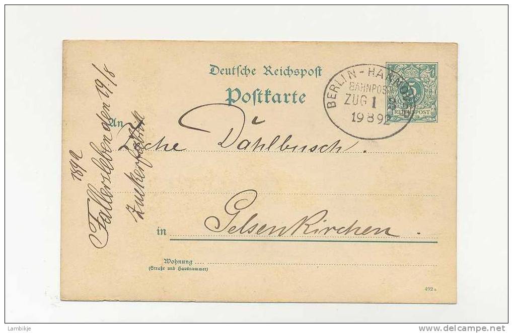 Deutsches Reich Postkarte 1892 Zugstempel Berlin - Hannover - Gebraucht