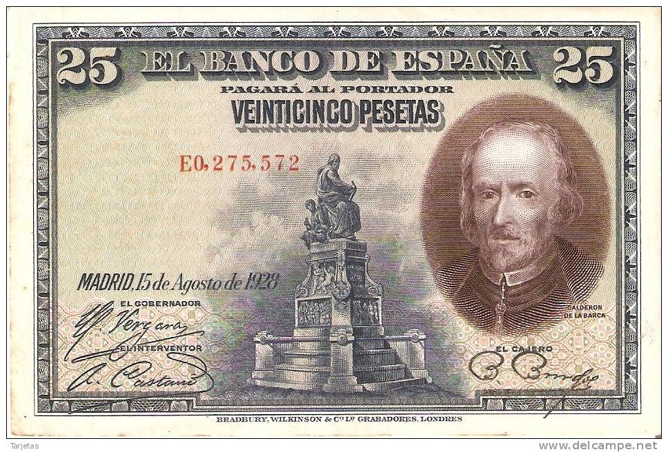 BILLETE DE ESPAÑA DE 25 PTAS DEL AÑO 1928 CAPICUA E-0275572 (BANKNOTE) - 1-2-5-25 Pesetas