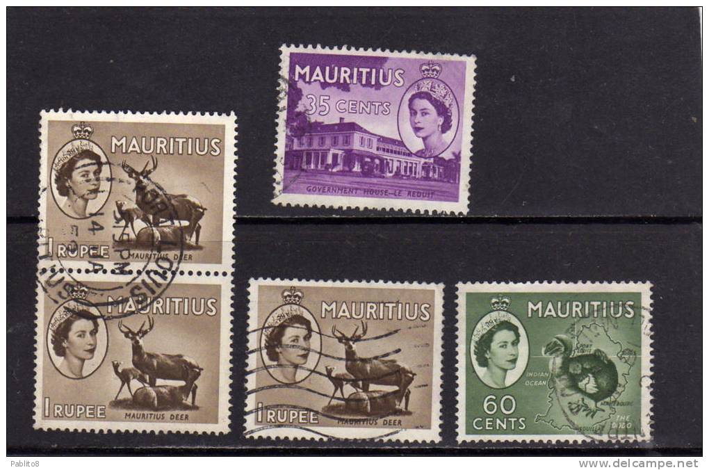 MAURITIUS GREAT BRITAIN 1953 -1954 QUEEN ELISABETH II REGINA ELISABETTA CENT. 35, 60 RUPEE 1r USATI USED OBLITERE' - Mauritius (1968-...)