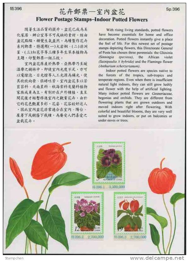 Folder Taiwan 1999 Potted Flowers Stamps Anthurium Bonsai Gloxinia Violet Flamingo Flower Flora Plant - Unused Stamps