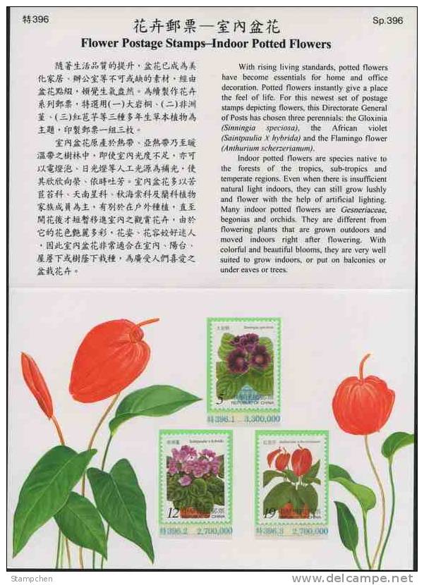 Folder Taiwan 1999 Potted Flowers Stamps Anthurium Bonsai Gloxinia Violet Flamingo Flower Flora Plant - Neufs