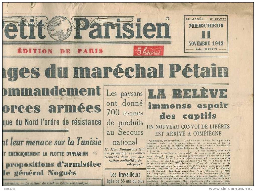 Le Petit Parisien Du 11/11/1942 " Trois Message Du Maréchal PETAIN" - Le Petit Parisien