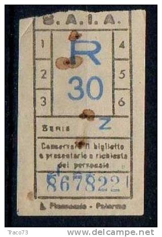 PALERMO 1950 / 60? - BIGLIETTO PER AUTOBUS  Della Ditta S.A.I.A. -  R 30   Serie  " Z " - Europa