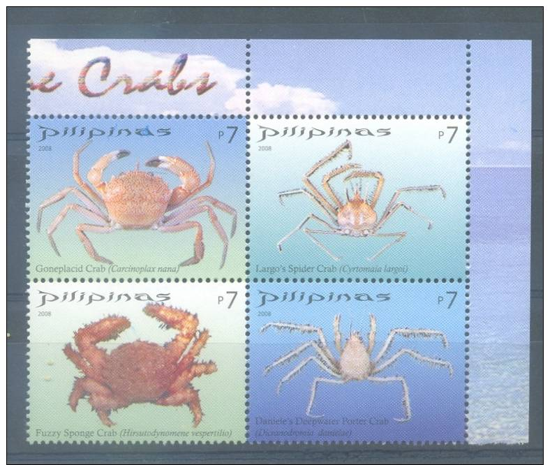 CHEAP SHIPPING * PHILIPPINES * SERIE 4v * YEAR 2008 * MARINE LIFE * SPIDER CRAB / SPONGE CRAB * KRAB * MNH - Schaaldieren