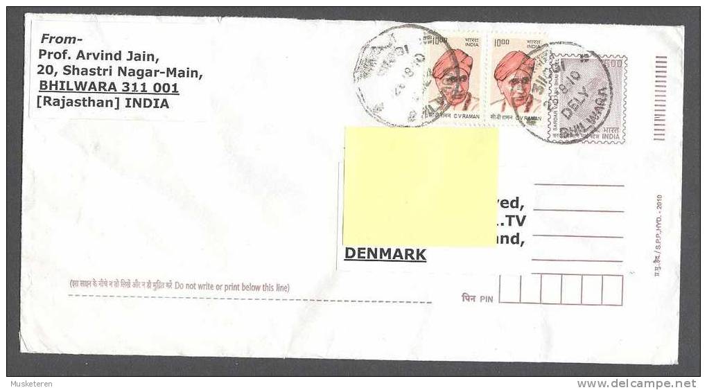 India 2010 Upfranked BHILWARA Cancel Cover To Denmark C V Raman Pair - Briefe