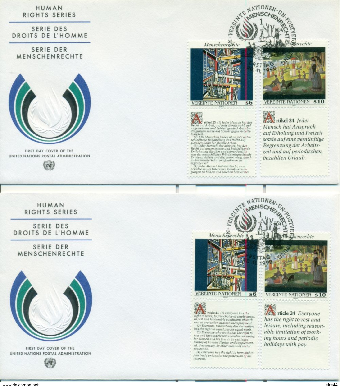 United Nations Austria 1992 2 FDC Human Rights Fernand Leger Georges Seurat - FDC