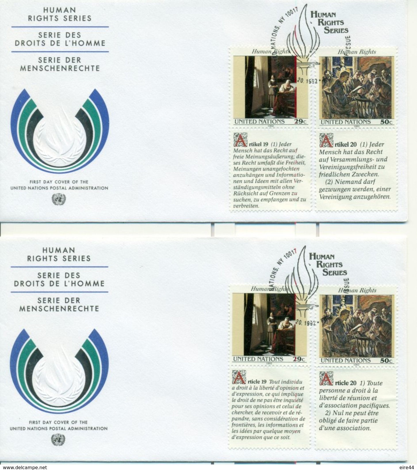 United Nations New York 1992 2 FDC Human Rights Paintings Jan Vermeer Ester Almqvist - FDC