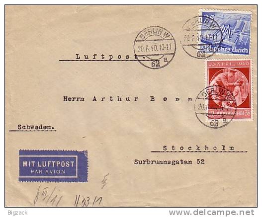 DR Brief Luftpost Mif Minr.742,744 Berlin 20.6.40 Zensur Gel. Nach Schweden - Briefe U. Dokumente