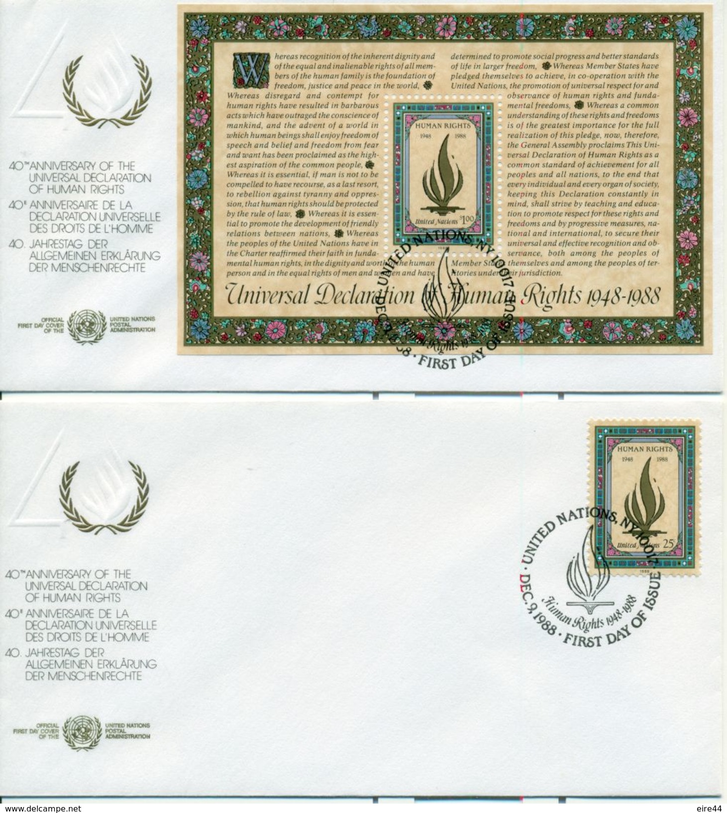 United Nations New York 1988 2 FDC Minisheet Human Rights - FDC