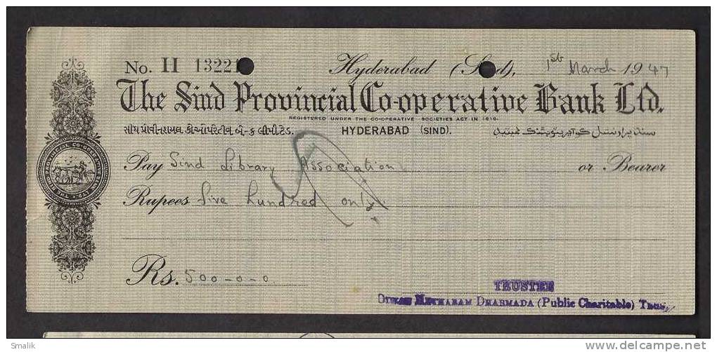 Bank Cheque, The Sind Provincial Co-operative Bank Ltd. Hyderabad India [Now Pakistan] 1-3-1947 - Bank & Insurance