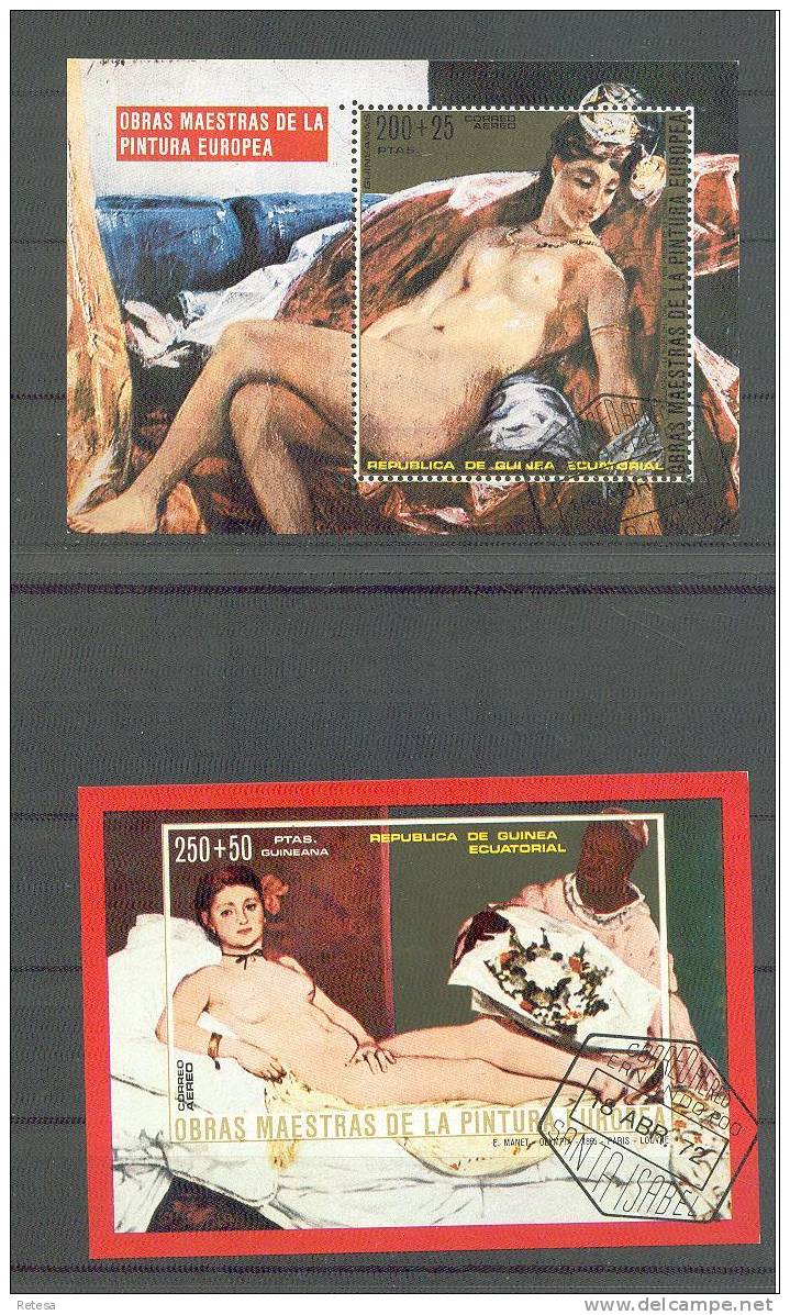 GUINEA ECUATORIAL  2 BLOKKEN  MANET EN DELACROIX  NAAKT  1972 GESTEMPELD - Nudes