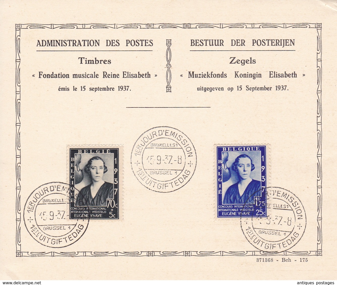 Belgique 1937 Fondation Musicale De La Reine Elisabeth Bruxelles Eugène Ysaye - ....-1951