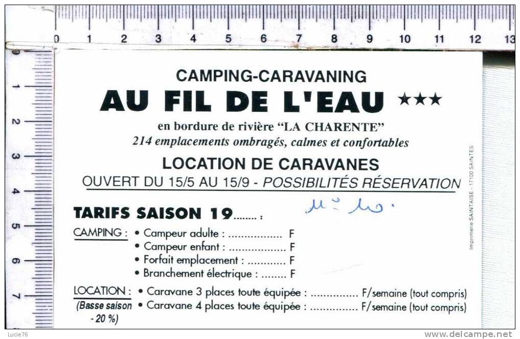 Mignonnette  Publicitaire  -  CAMPING  " AU FIN DE L'EAU "   -  SAINTES - Placas De Cartón