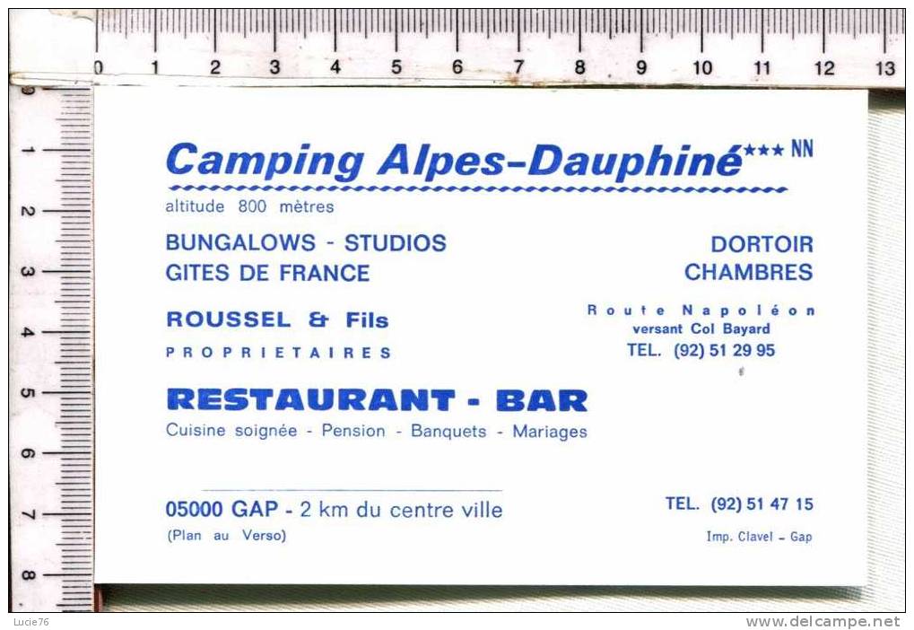 Mignonnette  Publicitaire  -  CAMPING  " ALPES DAUPHINE "  -  Restaurant  Bar  -  GAP - Plaques En Carton