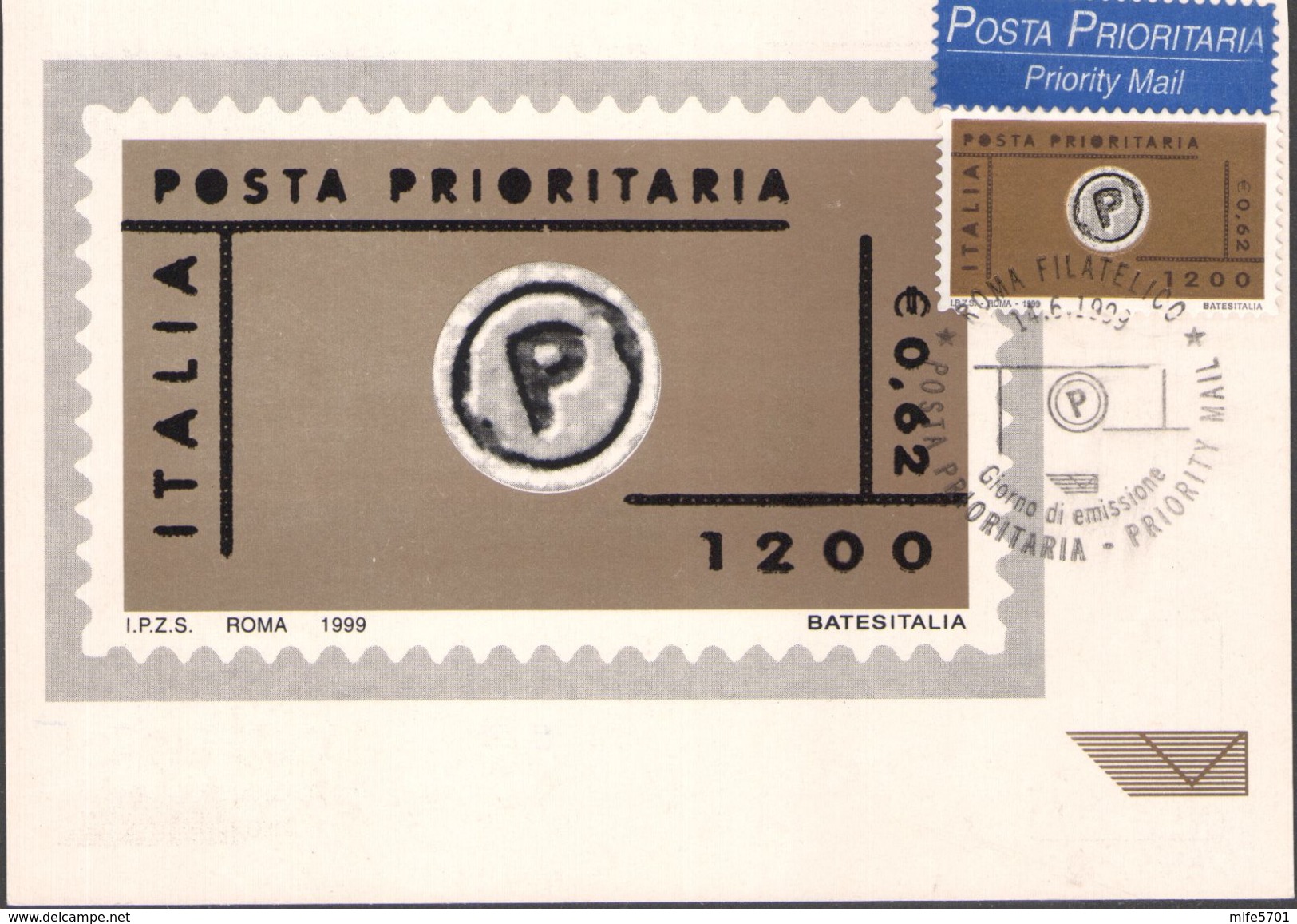 MAXCARD - CARTOLINA POSTA PRIORITARIA FRANCOBOLLO DA L. 1200 EURO 0,62 - 14.6.1999 - CATALOGO SASSONE: 2419 - FDC - Cartas Máxima