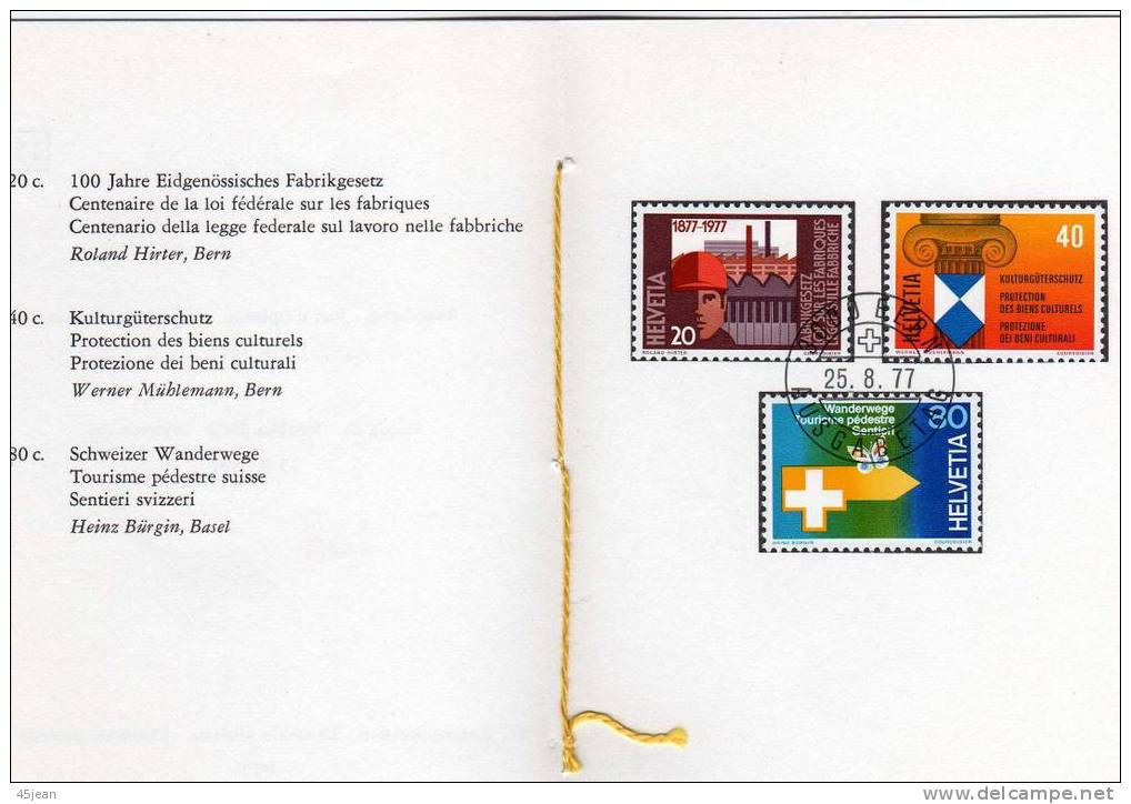 Suisse:1977:  Très Beau Document  Avec Timbres De Propagande Y&T 1030 à 1032, Industries, Biens Culturels Et Tourisme - Brieven En Documenten