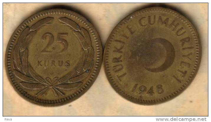 TURKEY 25 KURUS LEAVES FRONT EMBLEM BACK  BRASS 1948 F KM886 READ DESCRIPTION CAREFULLY !!! - Turquie