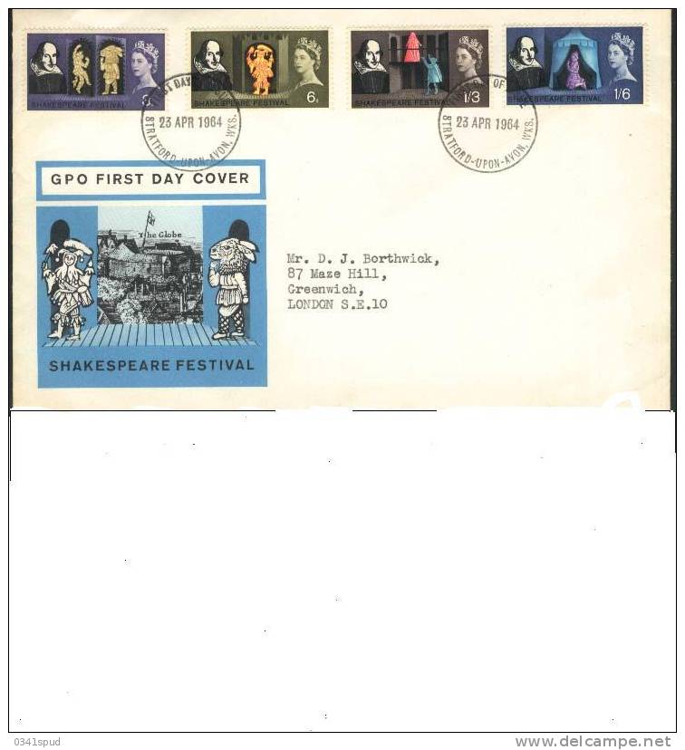 1964 Grande Bretagne FDC 400 Ans Shakespeare Théâtre Teatro Theatre Bandes De Phosphore - Theater