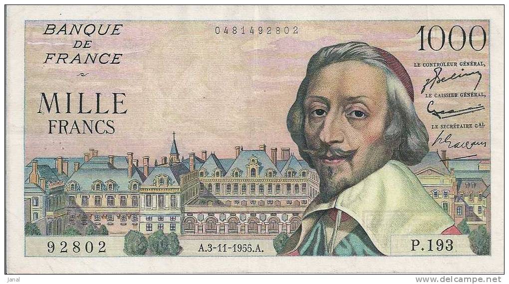 - FRANCE - BILLETS -  1000 F -  RICHELIEU - A - 3 - 11 - 1955 - A - N° 92802 - P.193 - 1 000 F 1953-1957 ''Richelieu''