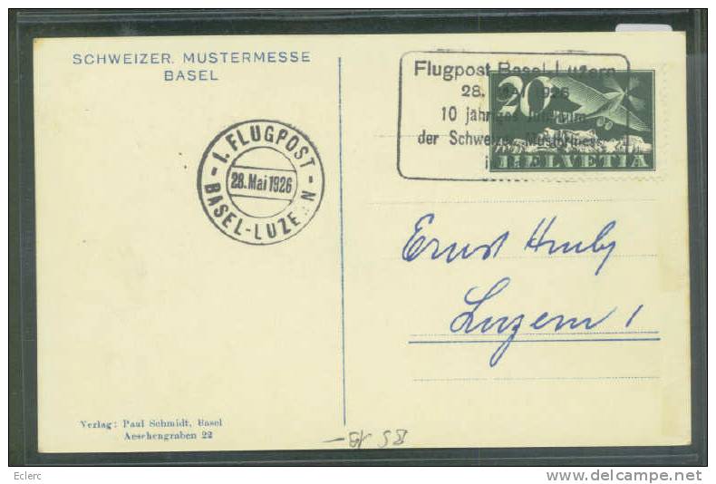 AVIATION - SCHWEIZ. MUSTERMESSE BASEL - FLUGPOST BASEL-LUZERN 1926 - TB - Basilea