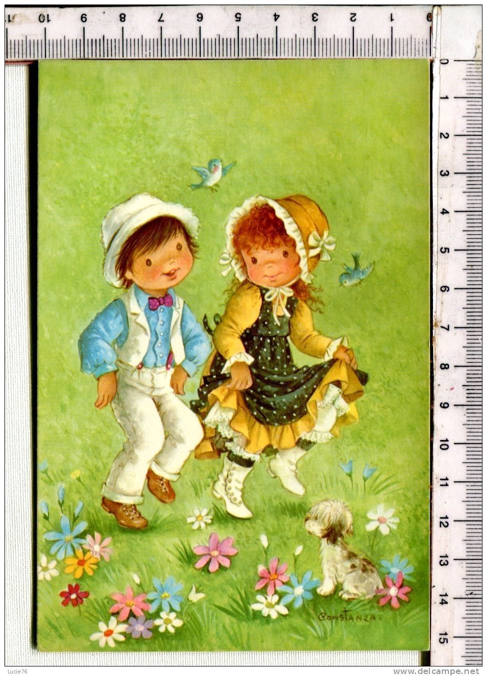 ENFANTS  Qui Dansent   - Chien Dans Les Fleurs -  Illustration Signée  Constanza - Voor 1900