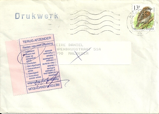 Buzin Terug Afzender Retour Envoyeur / Verkiezingsdrukwerk / Maldegem 1994 - 1985-.. Oiseaux (Buzin)