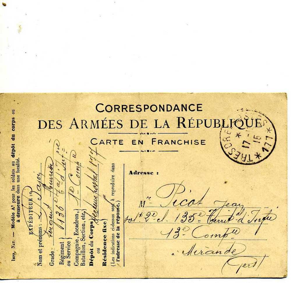 CORRESPONDANCE DES ARMEES DE LA REPUBLIQUE CARTE EN FRANCHISE  17 OCTOBRE 1915 - Brieven En Documenten